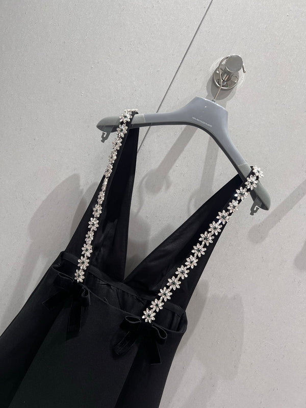 Prada 25 Deep V Diamond Flower Suspender Dress Black Acetate Viscose 214029