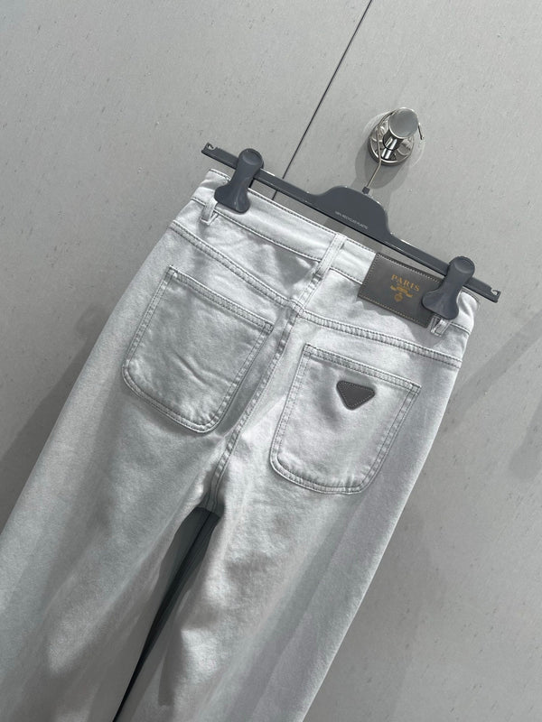 Prada 25 Vertical Striped Denim Pants White Cotton Polyester 215076