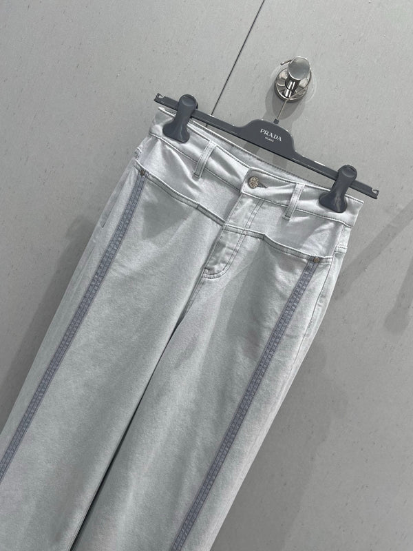 Prada 25 Vertical Striped Denim Pants White Cotton Polyester 215076