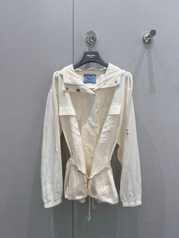 Prada 25 Hooded Zipper Jacket Beige Cotton 215233