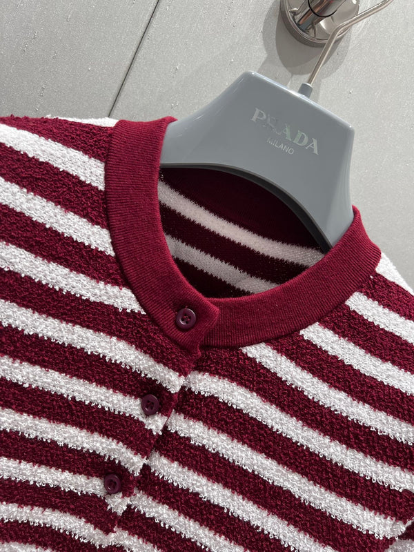 Prada 25 Yarn Striped Round Neck Knit Top White mix Red Cotton Poliamide 217770