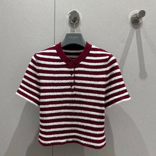Prada 25 Yarn Striped Round Neck Knit Top White mix Red Cotton Poliamide 217770