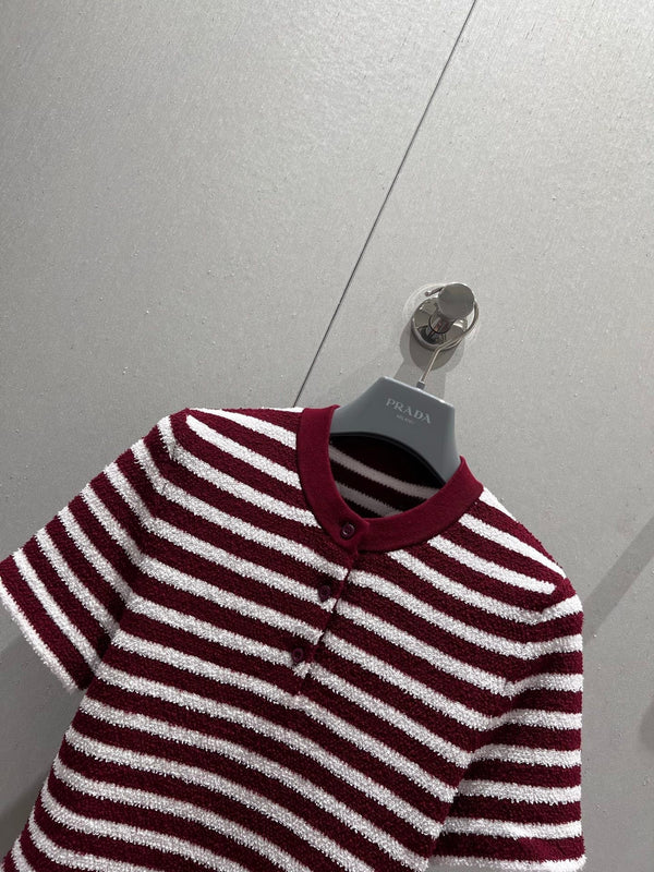 Prada 25 Yarn Striped Round Neck Knit Top White mix Red Cotton Poliamide 217770