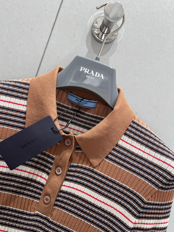 Prada 25 Striped Knitted Polo Short-sleeved Top Brown mix Black Cotton Poliamide 217945