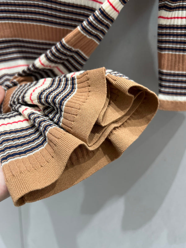 Prada 25 Striped Knitted Polo Short-sleeved Top Brown mix Black Cotton Poliamide 217945