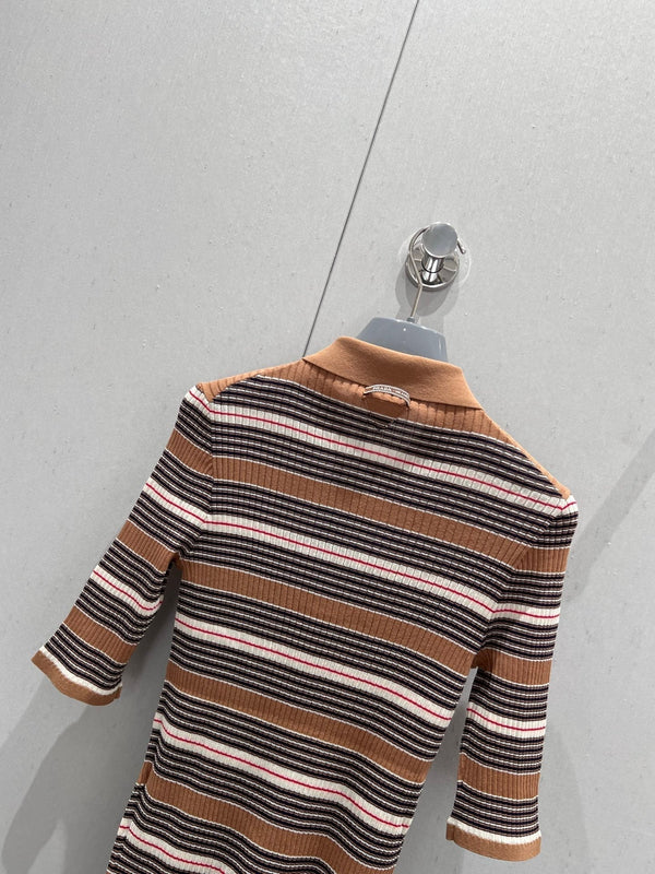 Prada 25 Striped Knitted Polo Short-sleeved Top Brown mix Black Cotton Poliamide 217945