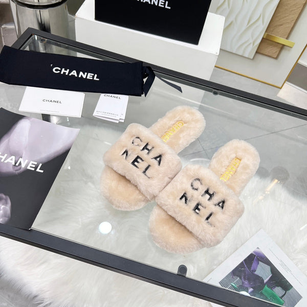 CC Slippers Beige With Black Lettering Fleece