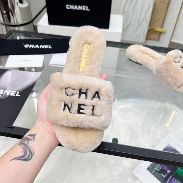 CC Slippers Beige With Black Lettering Fleece