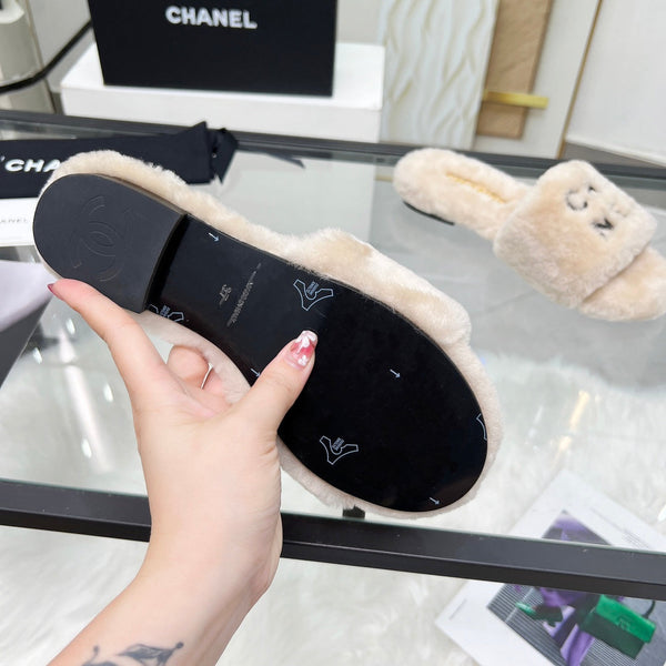 CC Slippers Beige With Black Lettering Fleece