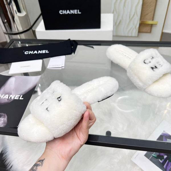 CC Slippers White With Black Lettering Fleece