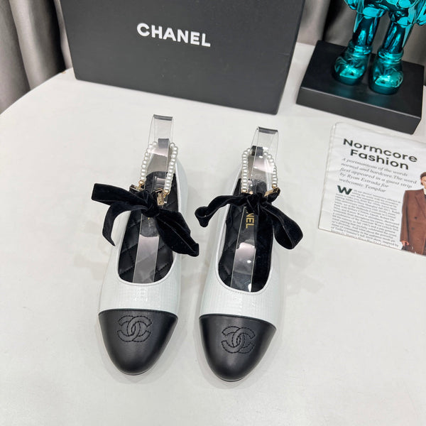 CC Mary Jane White Black Studded With Pearls Lambskin