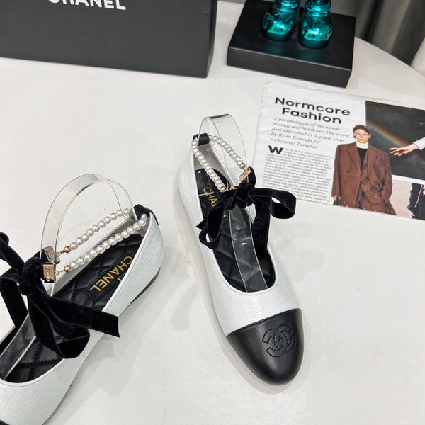 CC Mary Jane White Black Studded With Pearls Lambskin