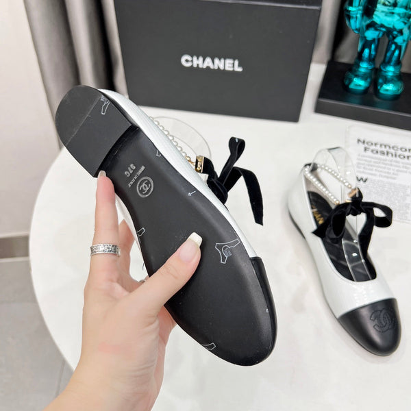 CC Mary Jane White Black Studded With Pearls Lambskin