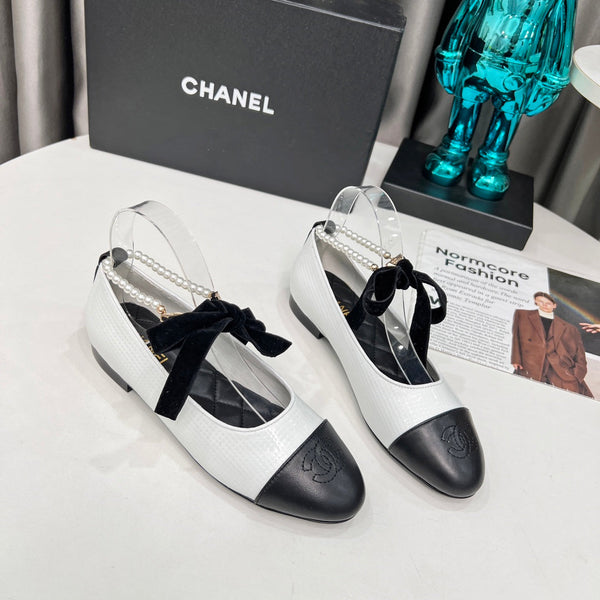 CC Mary Jane White Black Studded With Pearls Lambskin