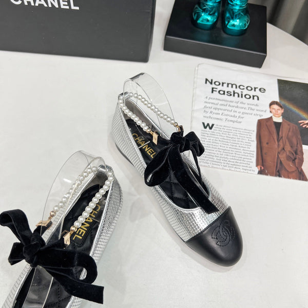 CC Mary Jane White Black Studded With Pearls Lambskin And Cowhide