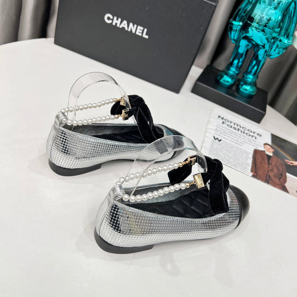 CC Mary Jane White Black Studded With Pearls Lambskin And Cowhide