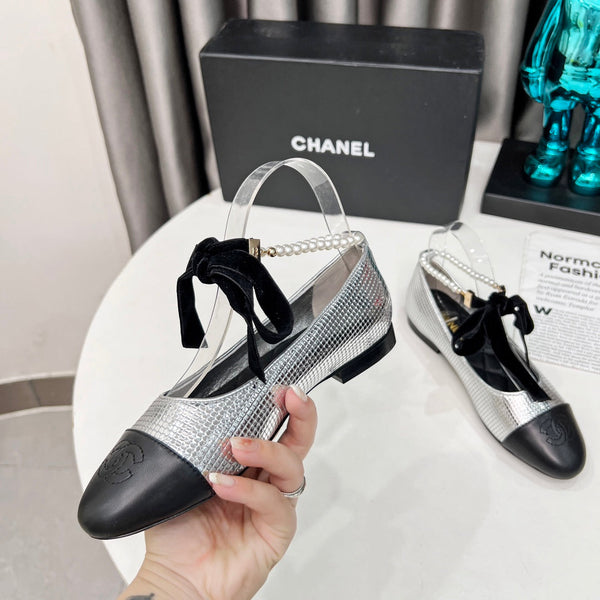 CC Mary Jane White Black Studded With Pearls Lambskin And Cowhide