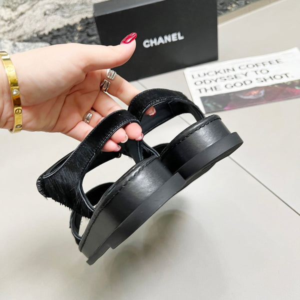 CC 25A Sandals Black Horse Fur Leather 338606
