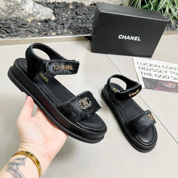 CC 25A Sandals Black Horse Fur Leather 338606