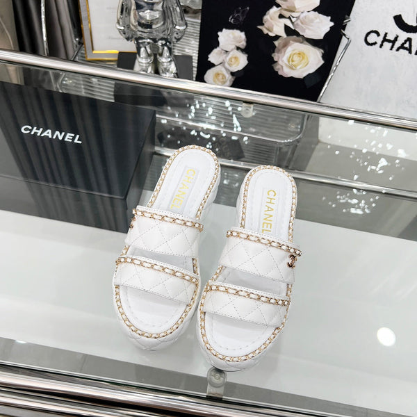 CC 25 Slide Leather Chain 6cm White Lambskin 338659