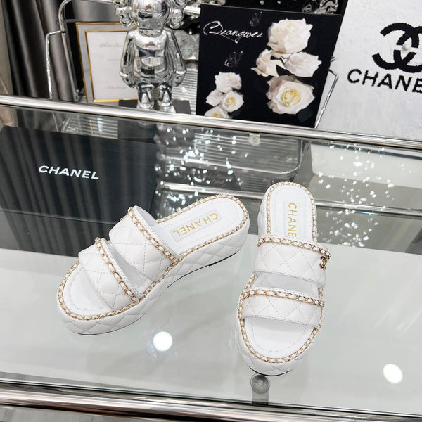 CC 25 Slide Leather Chain 6cm White Lambskin 338659