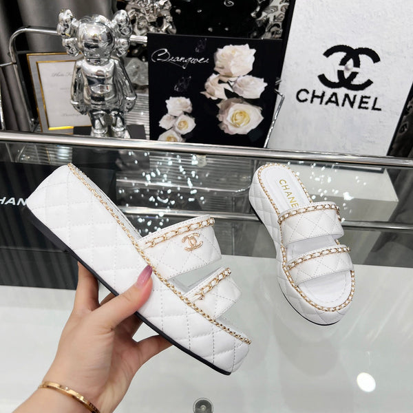 CC 25 Slide Leather Chain 6cm White Lambskin 338659