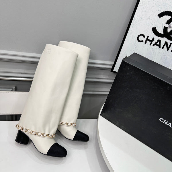 CC 25 High Boots With Chain 55mm White Cowhide Black Grosgrain 374024