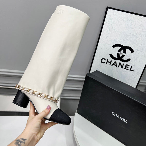 CC 25 High Boots With Chain 55mm White Cowhide Black Grosgrain 374024