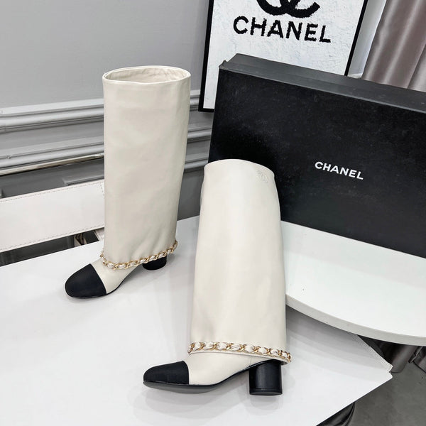 CC 25 High Boots With Chain 55mm White Cowhide Black Grosgrain 374024