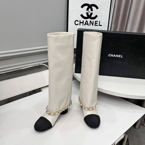 CC 25 High Boots With Chain 55mm White Cowhide Black Grosgrain 374024