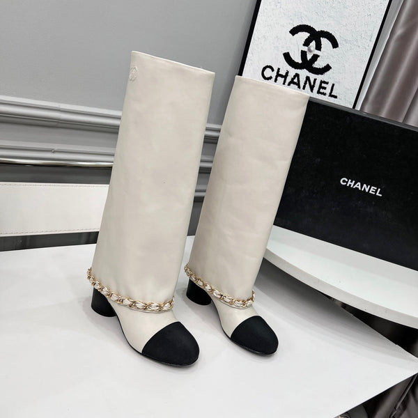 CC 25 High Boots With Chain 55mm White Cowhide Black Grosgrain 374024