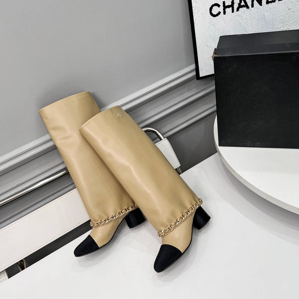 CC 25 High Boots With Chain 55mm Beige Cowhide Black Grosgrain 374025