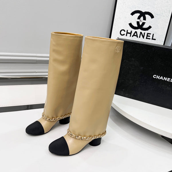 CC 25 High Boots With Chain 55mm Beige Cowhide Black Grosgrain 374025