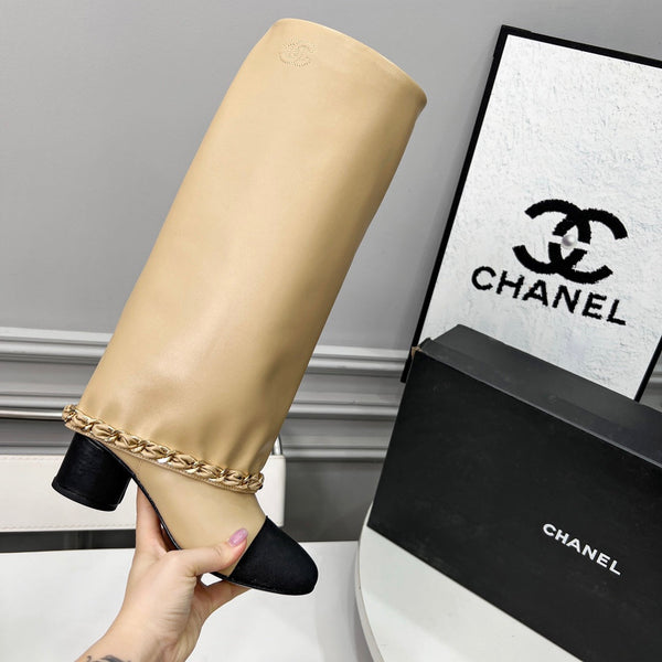 CC 25 High Boots With Chain 55mm Beige Cowhide Black Grosgrain 374025