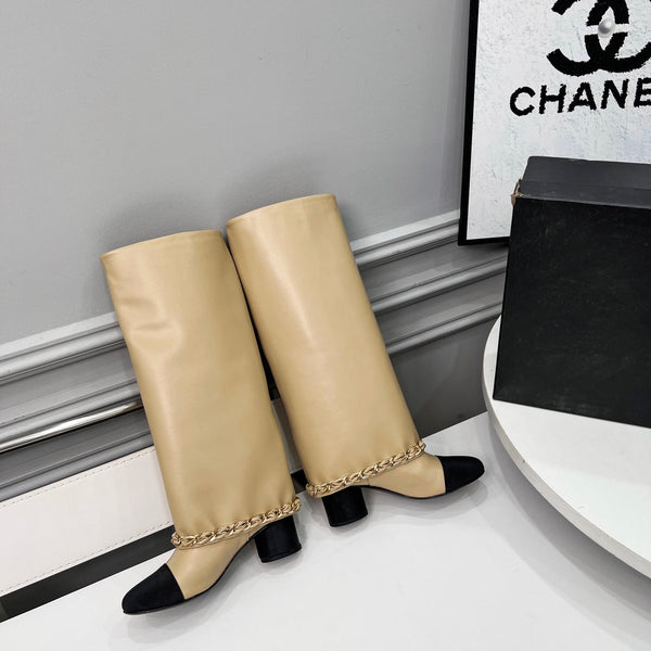 CC 25 High Boots With Chain 55mm Beige Cowhide Black Grosgrain 374025