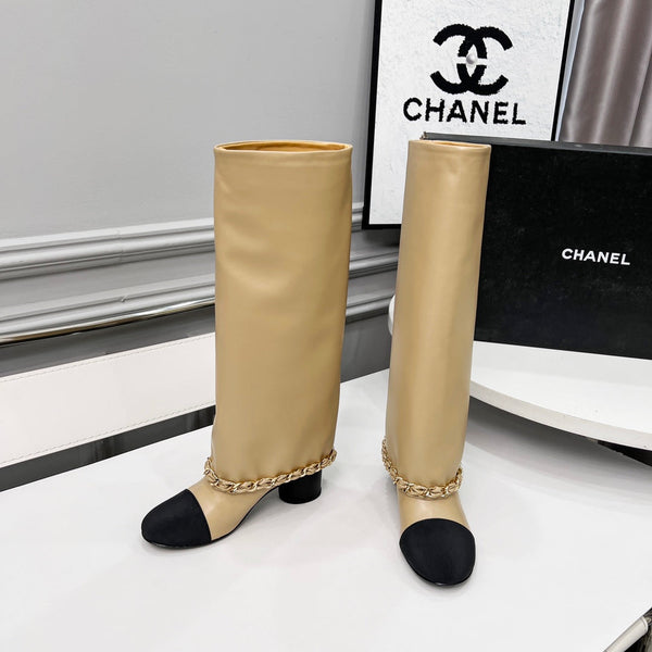 CC 25 High Boots With Chain 55mm Beige Cowhide Black Grosgrain 374025