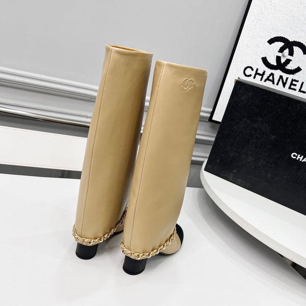 CC 25 High Boots With Chain 55mm Beige Cowhide Black Grosgrain 374025
