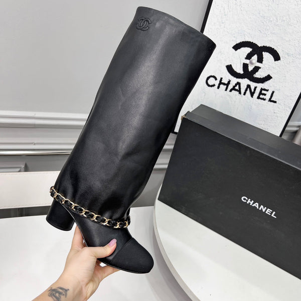 CC 25 High Boots With Chain 55mm Black Cowhide Grosgrain 374026