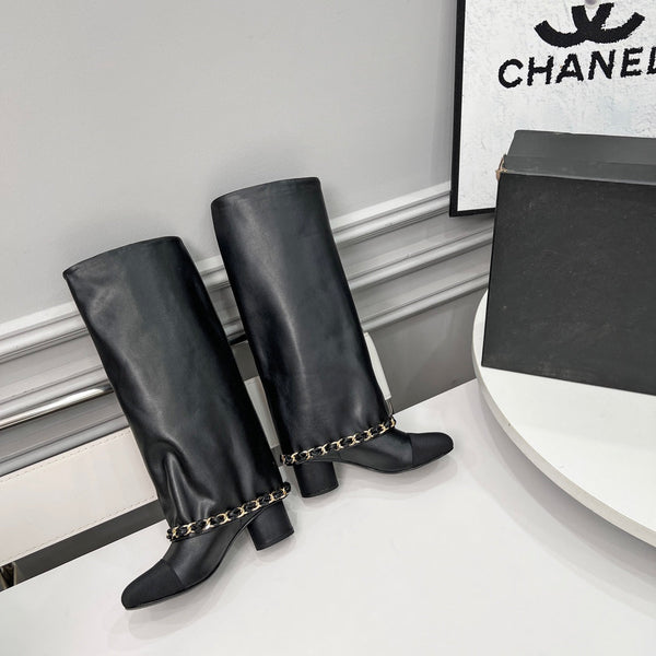 CC 25 High Boots With Chain 55mm Black Cowhide Grosgrain 374026