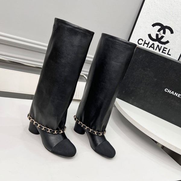 CC 25 High Boots With Chain 55mm Black Cowhide Grosgrain 374026