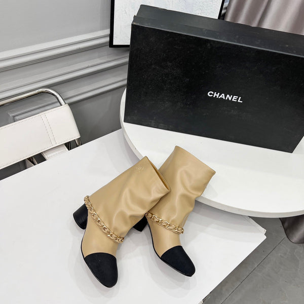 CC 25 Short Boots With Chain 55mm Beige Cowhide Black Grosgrain 374027