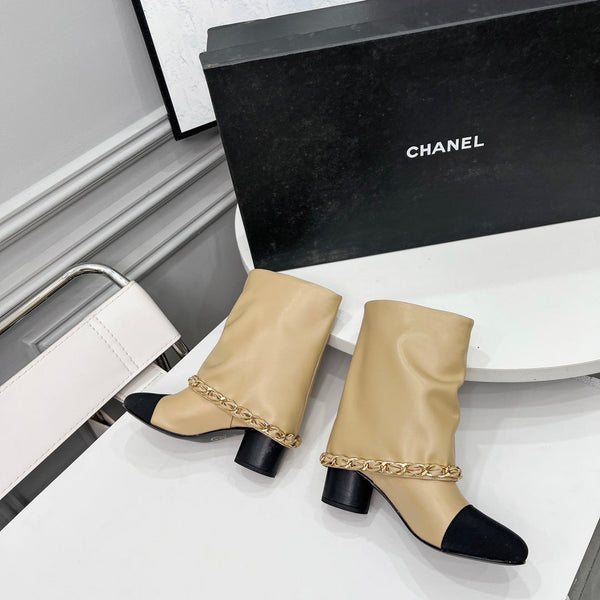 CC 25 Short Boots With Chain 55mm Beige Cowhide Black Grosgrain 374027