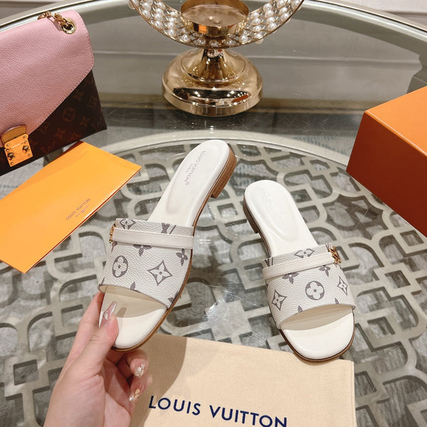 lv sandal isola flat mule cream monogram calfskin