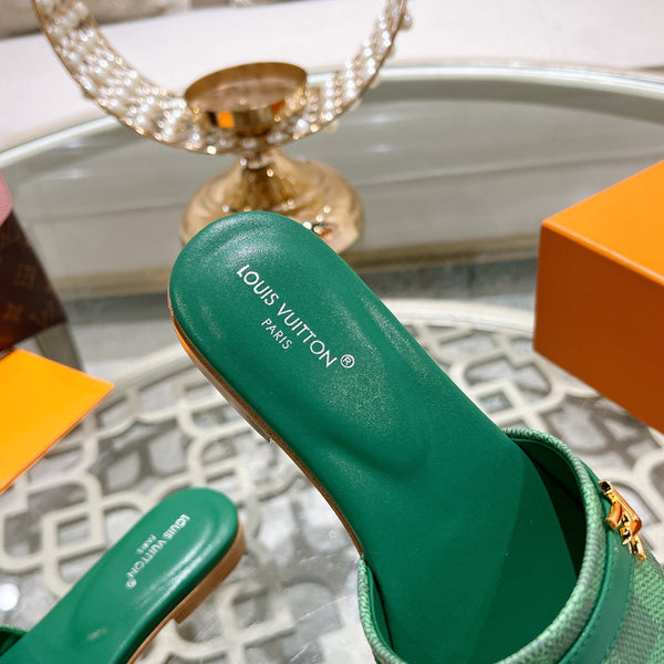 lv sandal isola flat mule green damier calfskin
