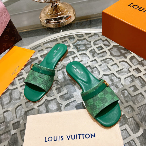 lv sandal isola flat mule green damier calfskin