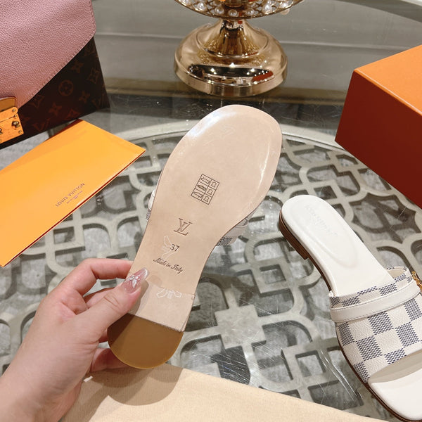 lv sandal isola flat mule white grey damier calfskin