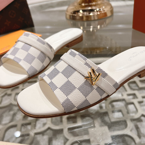 lv sandal isola flat mule white grey damier calfskin