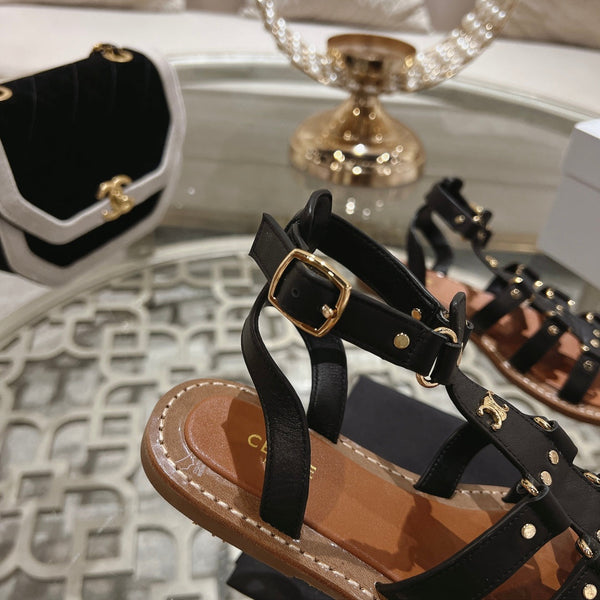 CLEA TRIOMPHE GLADIATOR SANDAL IN BLACK CALFSKIN - VEGETAL TANNING
