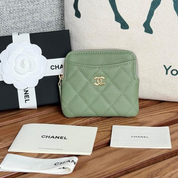 CC Zip Card Holder Wallet Olive Green Gold Metal Caviar 240599