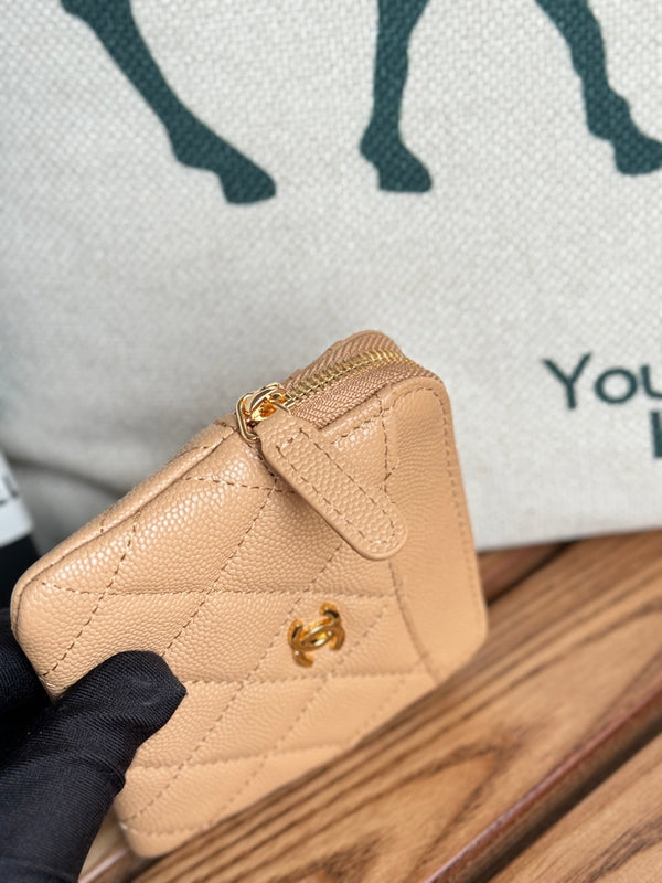 CC Zip Card Holder Wallet Beige Gold Metal Caviar 240603